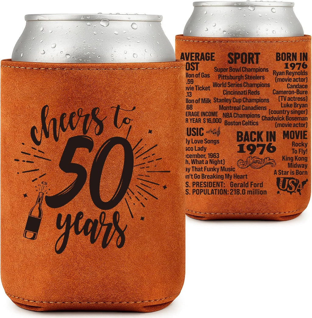 LEJIAJINW 50th Birthday Gift 50 Year Old Birthday Gifts for Men Women, Cheers to 50 Years Vintage 1976 Leather Can Sleeve, Funny 50th Birth Party Decoration Gift for Dad, Mom, Husband, Wife, Grandpa