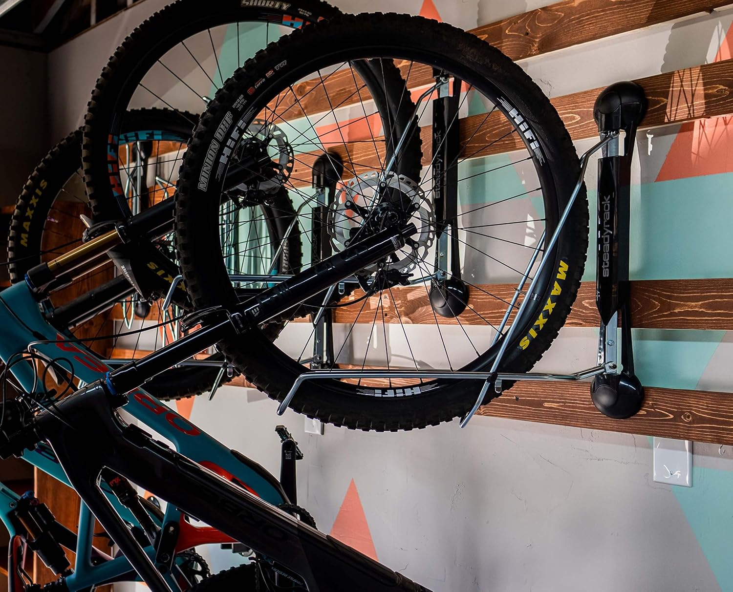 Steadyrack Bike Rack – Pivoting Mountain Bike Rack, Holds Up to 77 lbs, Fits 24"-29" Wheels, 2.1"-2.8" Tires, Foldable Wall Mount for Space-Saving Bicycle Storage