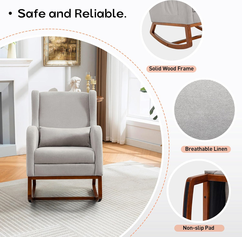 Nursery Rocking Chair with Footrest, Glider Rocking Nursing Chair Indoor, Upholstered Accent Nursery Glider Chair Rubber Wood Legs for Baby Nurser, Bedroom, Living Room, Light Gray