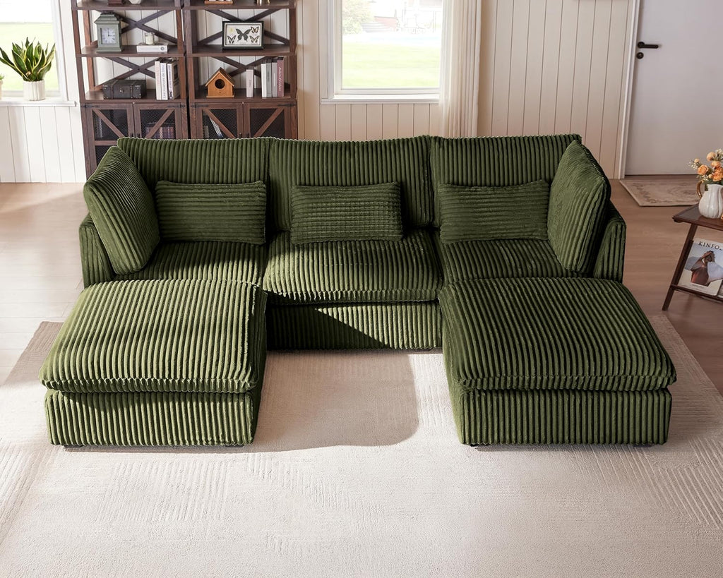 115" Oversized Corduroy Couch Modular Sectional Sofa, Washable Cloud Couch Sectional with 2 Ottoman, 5 Seater Sectional Couches for Living Room, Fully Cover Removable, U Shaped, Corduroy, Green