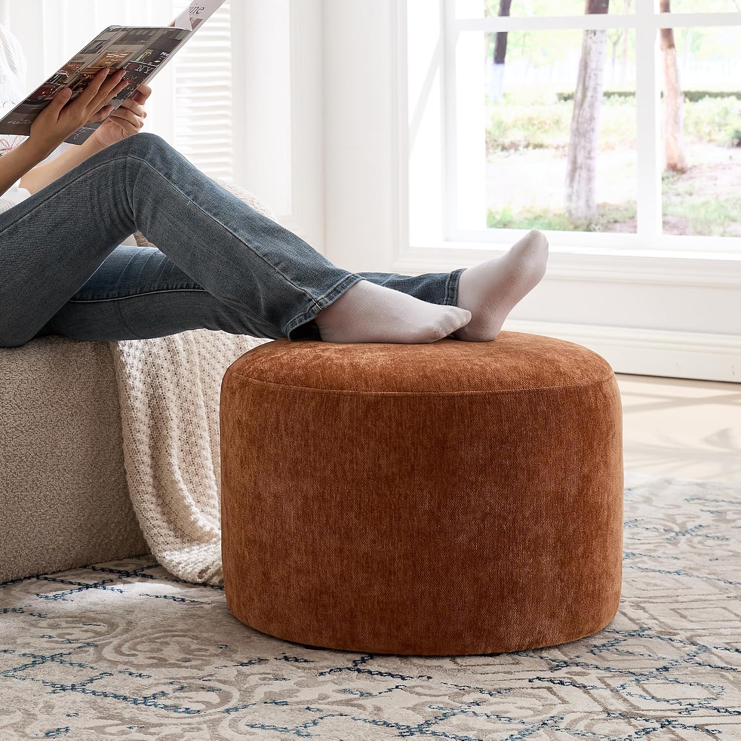 Upholstered Round Ottoman, Modern Small Footstool with Soft Padded Seat & Solid Wood Frame, Multifunctional Vanity Stool Accent Seat for Living Room, Bedroom, Entryway, Orange-Brown Chenille