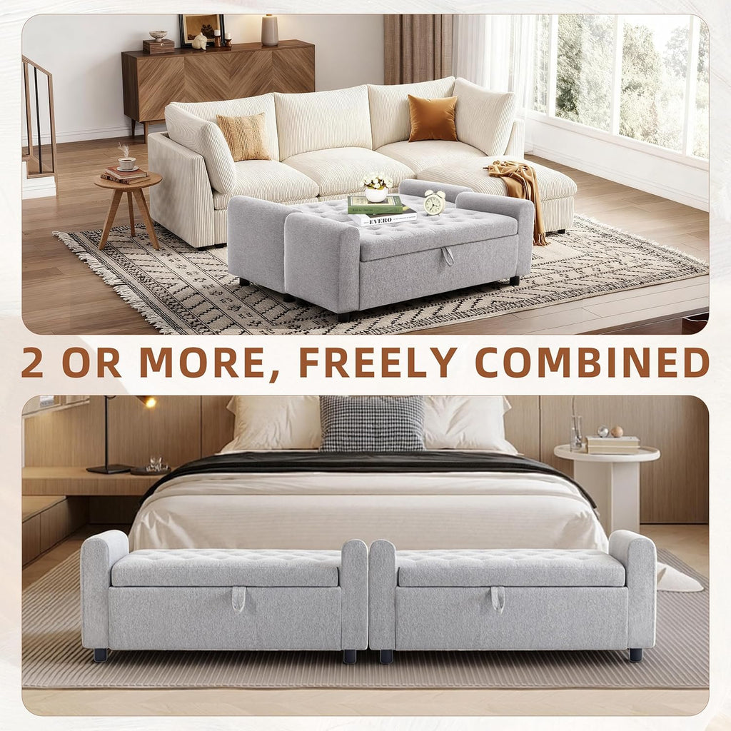 48" Ottoman with Storage, Tufted Storage Ottoman Bench, Convenient Living Room Fabrics Bench Seat, Entryway Shoe Benches with Inner Zipper & Arm, Rivetless Upholstered Window Seat Ottomans, Light Grey