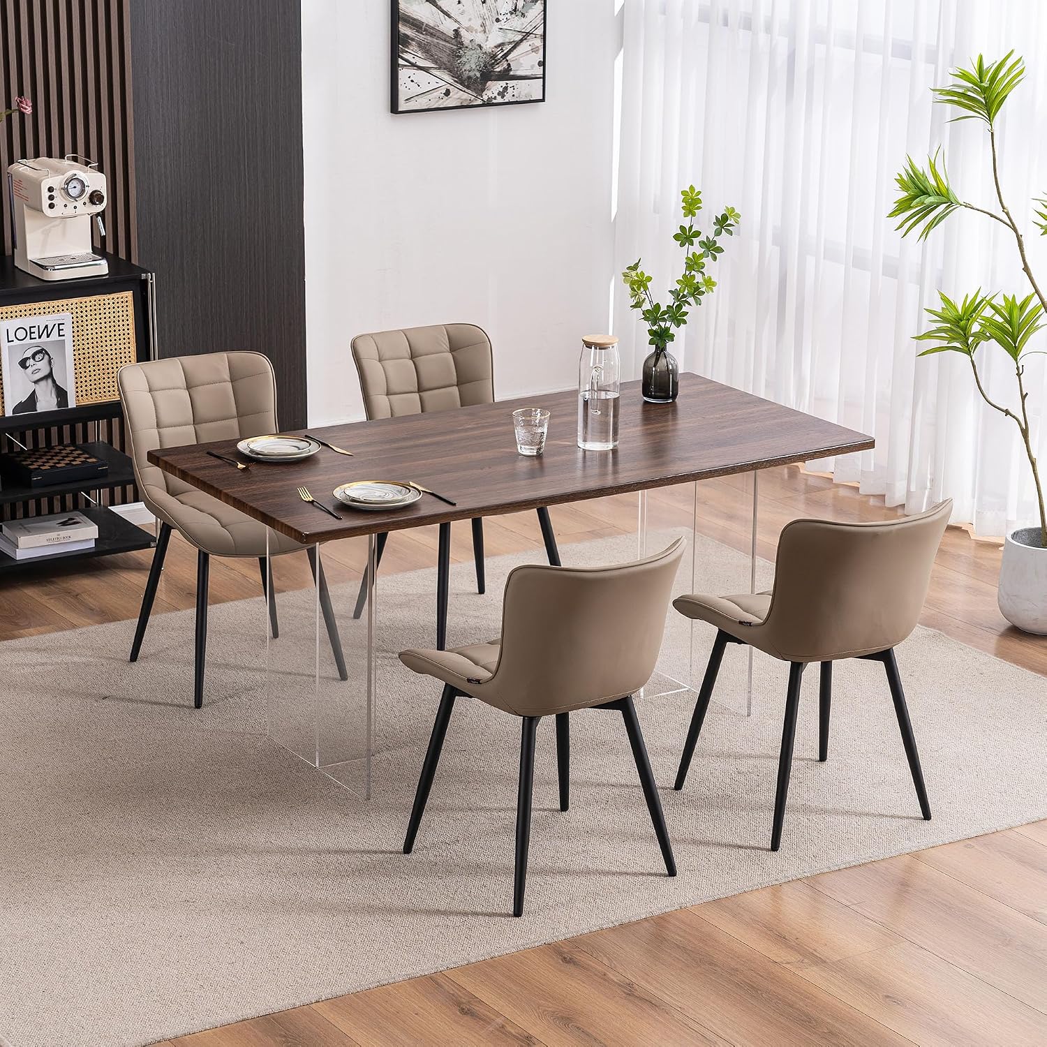 YOUTASTE Khaki Dining Chairs Set of 2, Comfy Faux Leather Upholstered Kitchen Chairs with Black Metal Legs, Mid-Century Modern Design, Accent Chair for Dining Room, Bedroom, Reception