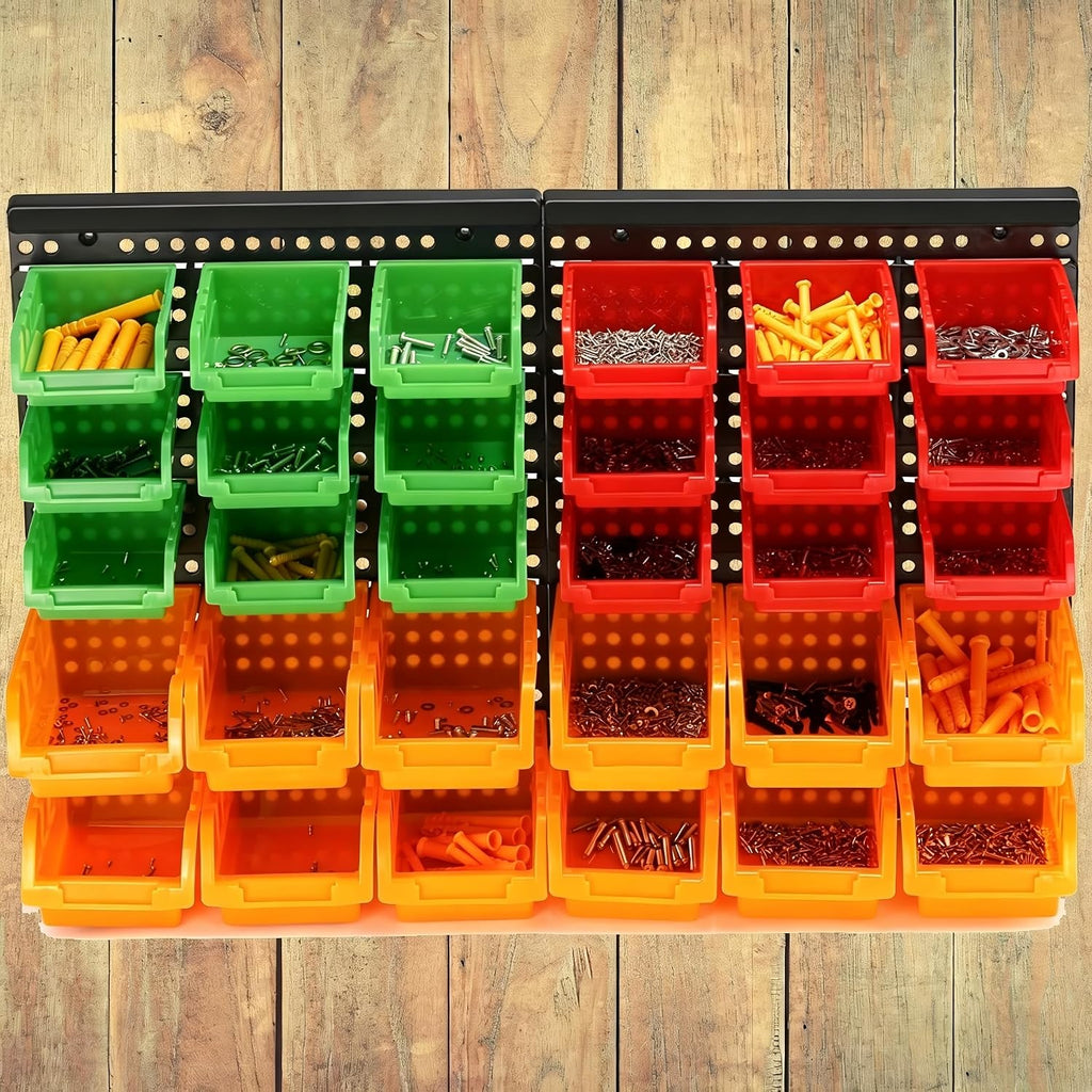 30-Bin Wall Mounted Storage Bins Kit, Tool Organizer Rack, Garage Hardware Organizer, Parts Storage Bins, DIY Combination(Red & Green & Orange Type)