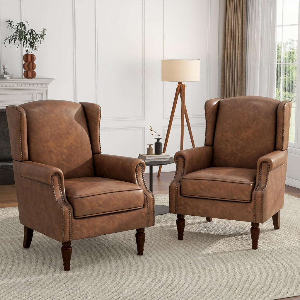 High Back Accent Chair, Faux Leather Wingback Chair Upholstered Armchair for Living Room, Retro Comfy Single Sofa Bedroom Reading Seat with Solid Wood Legs - Brown