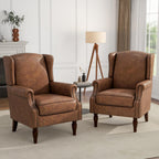 High Back Accent Chair, Faux Leather Wingback Chair Upholstered Armchair for Living Room, Retro Comfy Single Sofa Bedroom Reading Seat with Solid Wood Legs - Brown