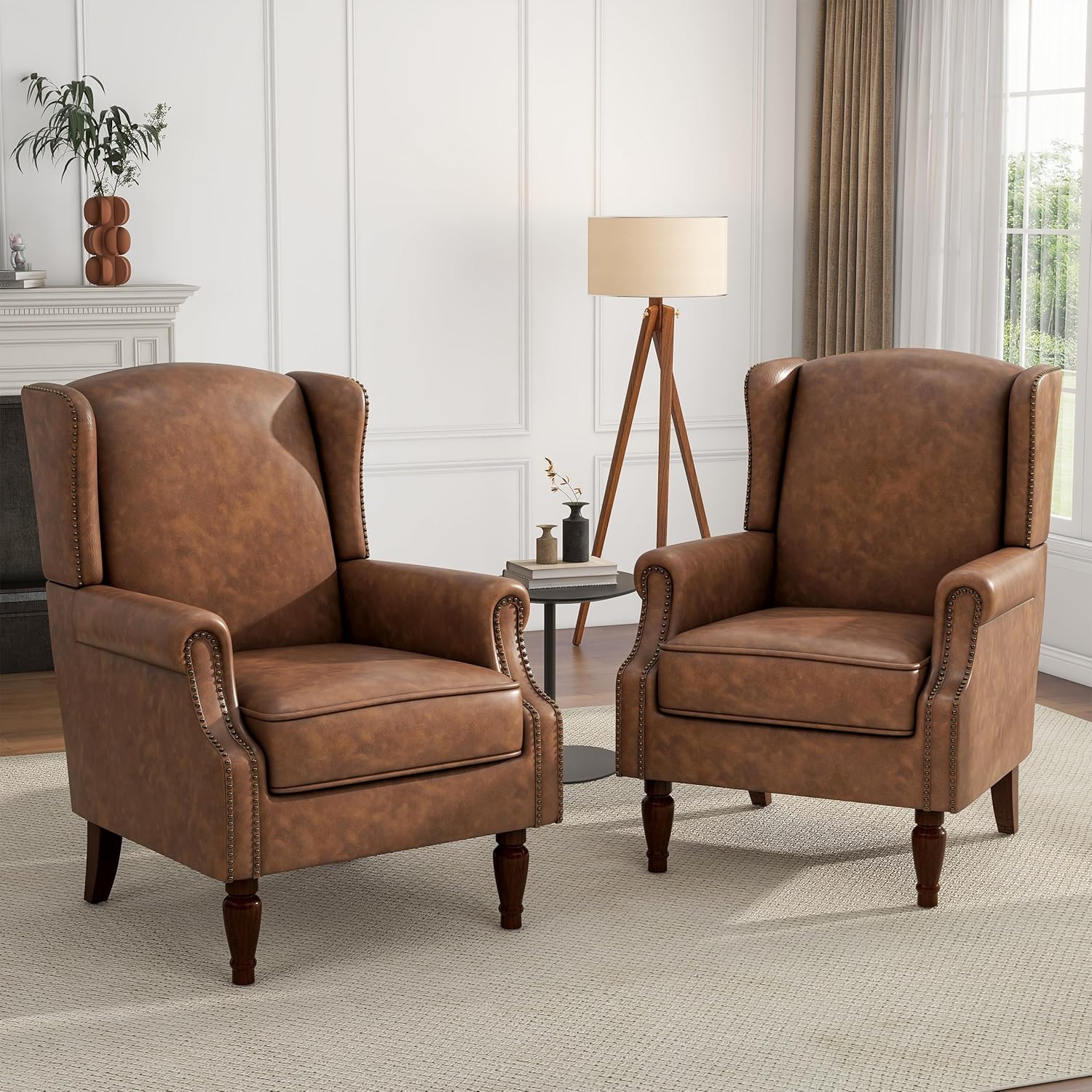 High Back Accent Chair, Faux Leather Wingback Chair Upholstered Armchair for Living Room, Retro Comfy Single Sofa Bedroom Reading Seat with Solid Wood Legs - Brown