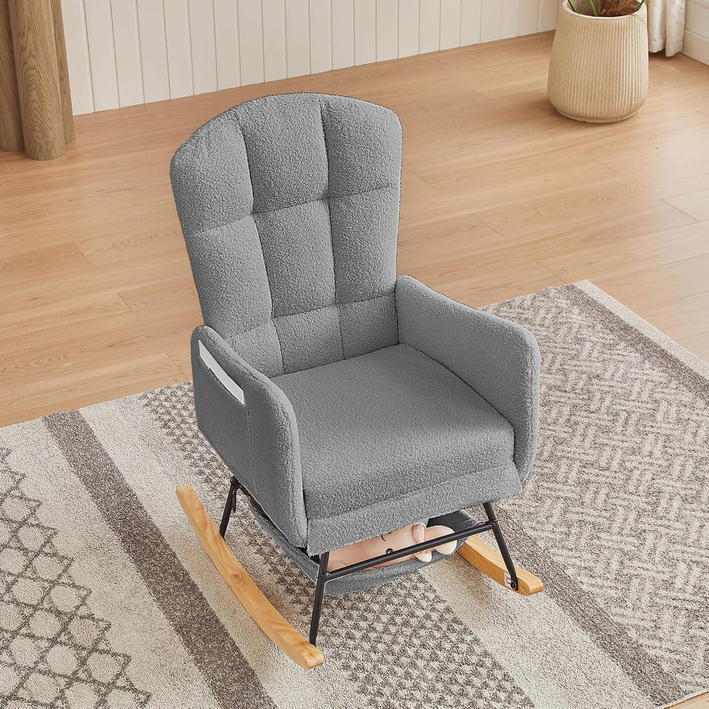 Grey Teddy Rocking Chair Outdoor Adulto Bedroom Nursery Indoor Wooden,A3 | Soft teddy fabric surface, high backrest, well-placed armrests, easy assembly with detailed instructions