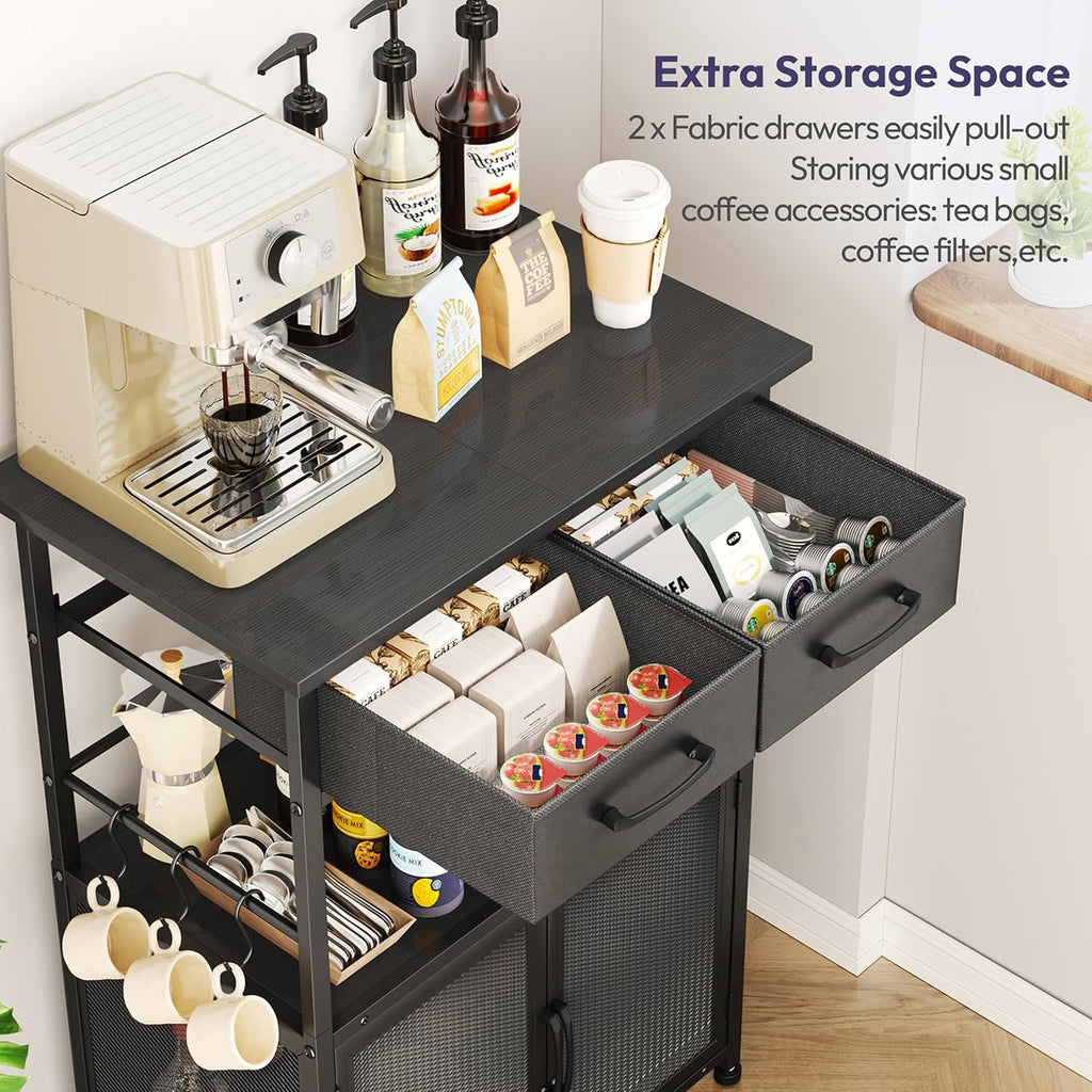 SWTYMIKI Coffee Bar Cabinet with Drawer - 20.47" Coffee Stand Station with Removable Hooks, Buffet Cabinet for Coffee Maker or Microwave, Kitchen Bar Table Storage Organizer, Black