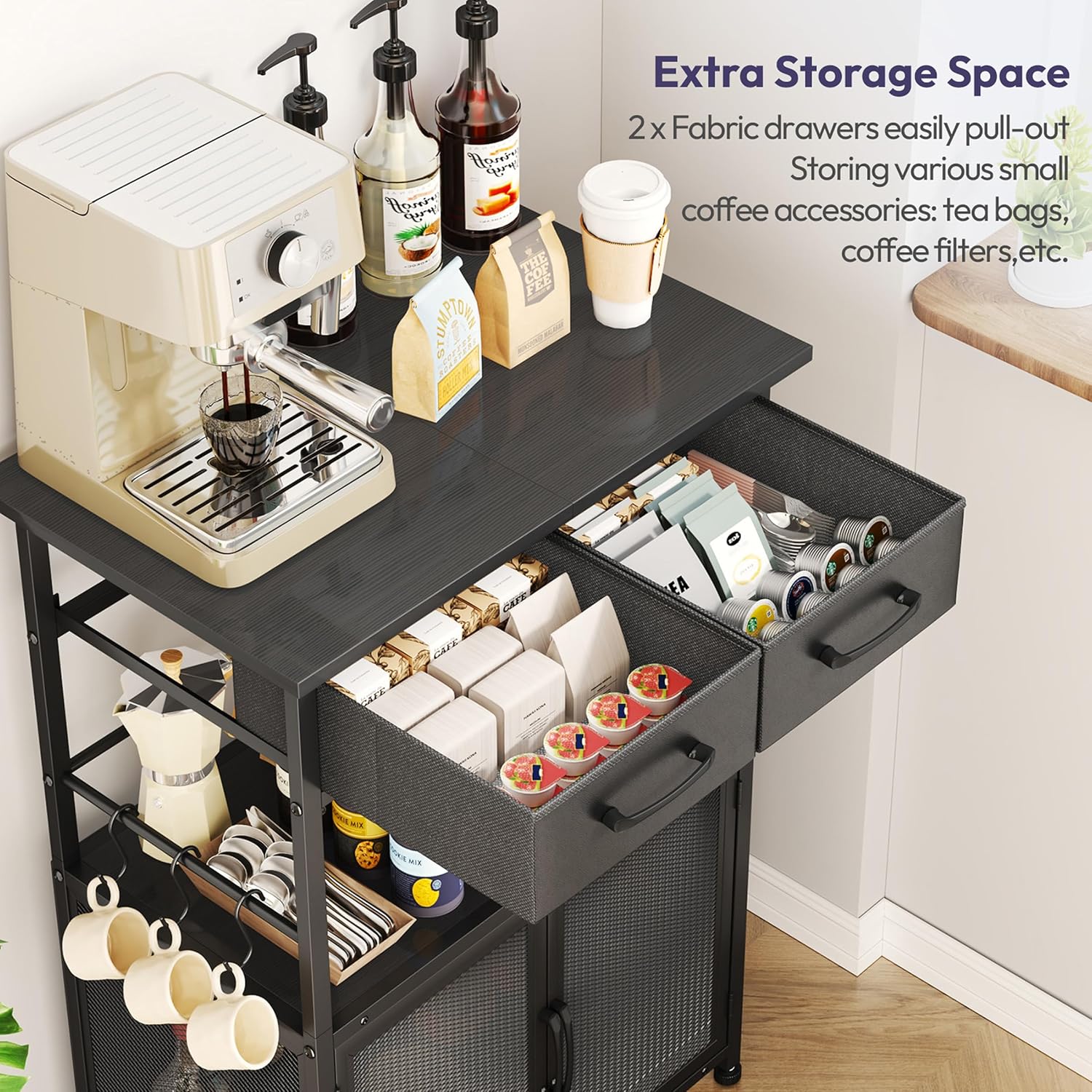 SWTYMIKI Coffee Bar Cabinet with Drawer - 20.47" Coffee Stand Station with Removable Hooks, Buffet Cabinet for Coffee Maker or Microwave, Kitchen Bar Table Storage Organizer, Black