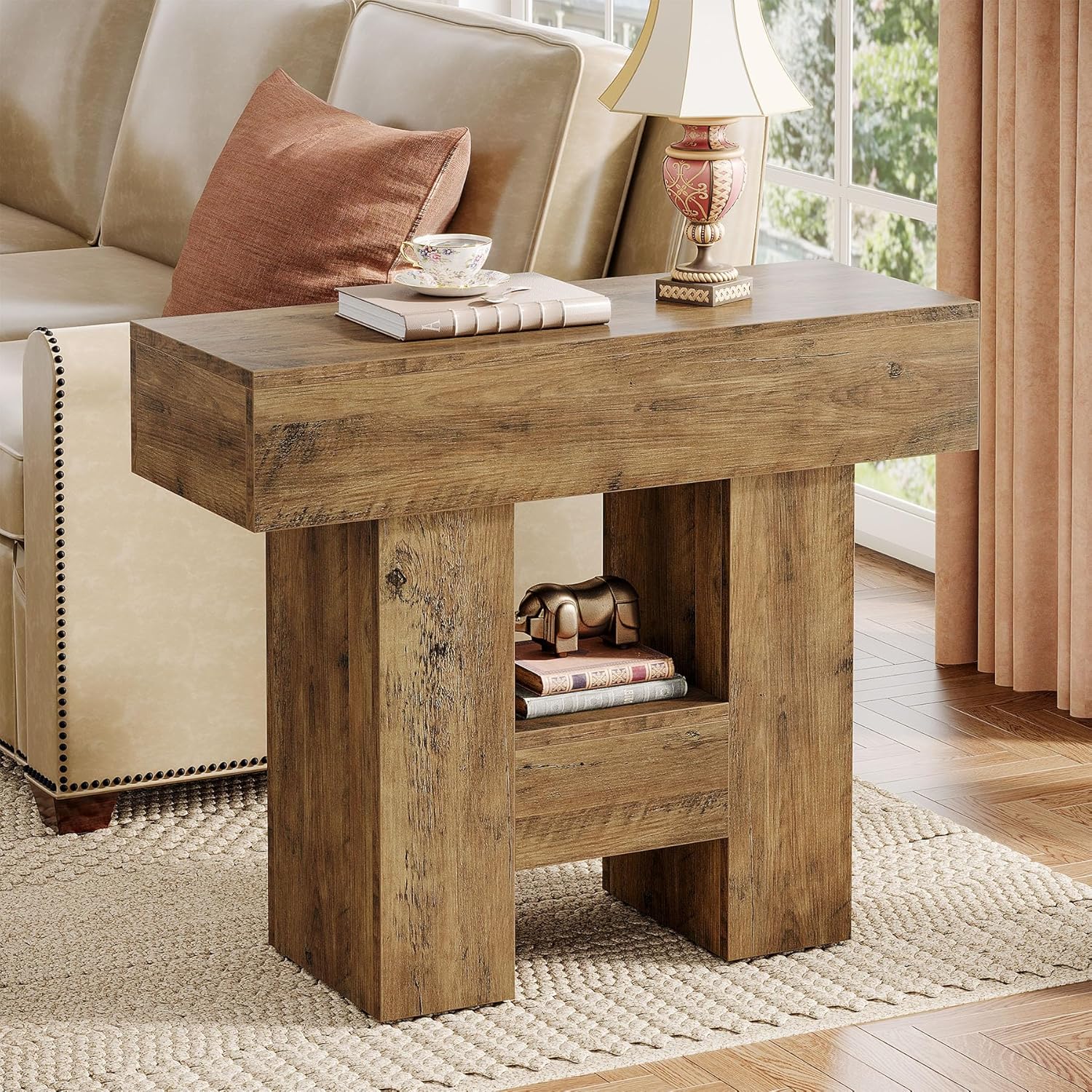 Tribesigns Farmhous End Table, 2-Tier Narrow Side Table with Storage Shelf for Living Room, Rustic Wooden Sofa Side Tables and Nightstand for Bedroom, Living Room, Apartment, Brown