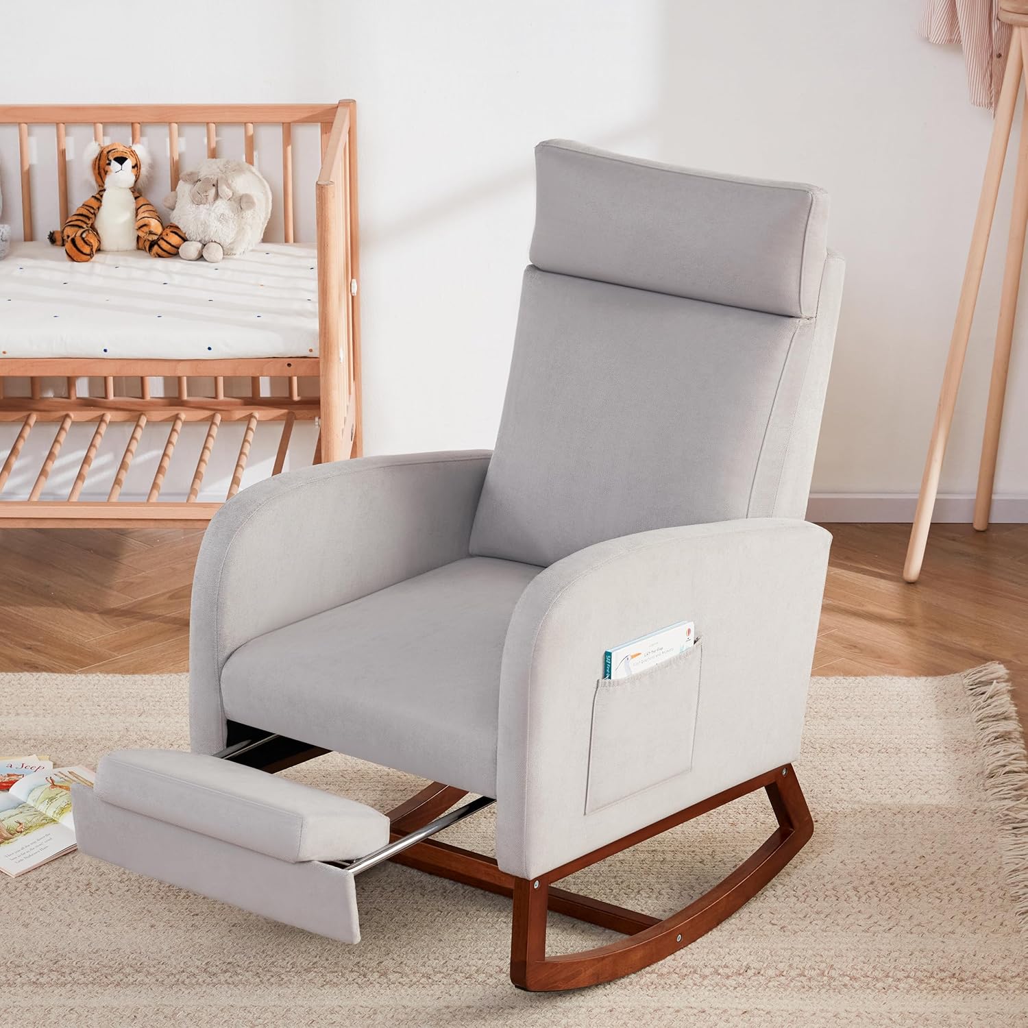 Rocking Chair Nursery High Back Rest Glider Rocker with Footrest Nursing Rocking Chairs Upholstered Accent Arm Chair for Living Room Bedroom Indoor, Light Gray
