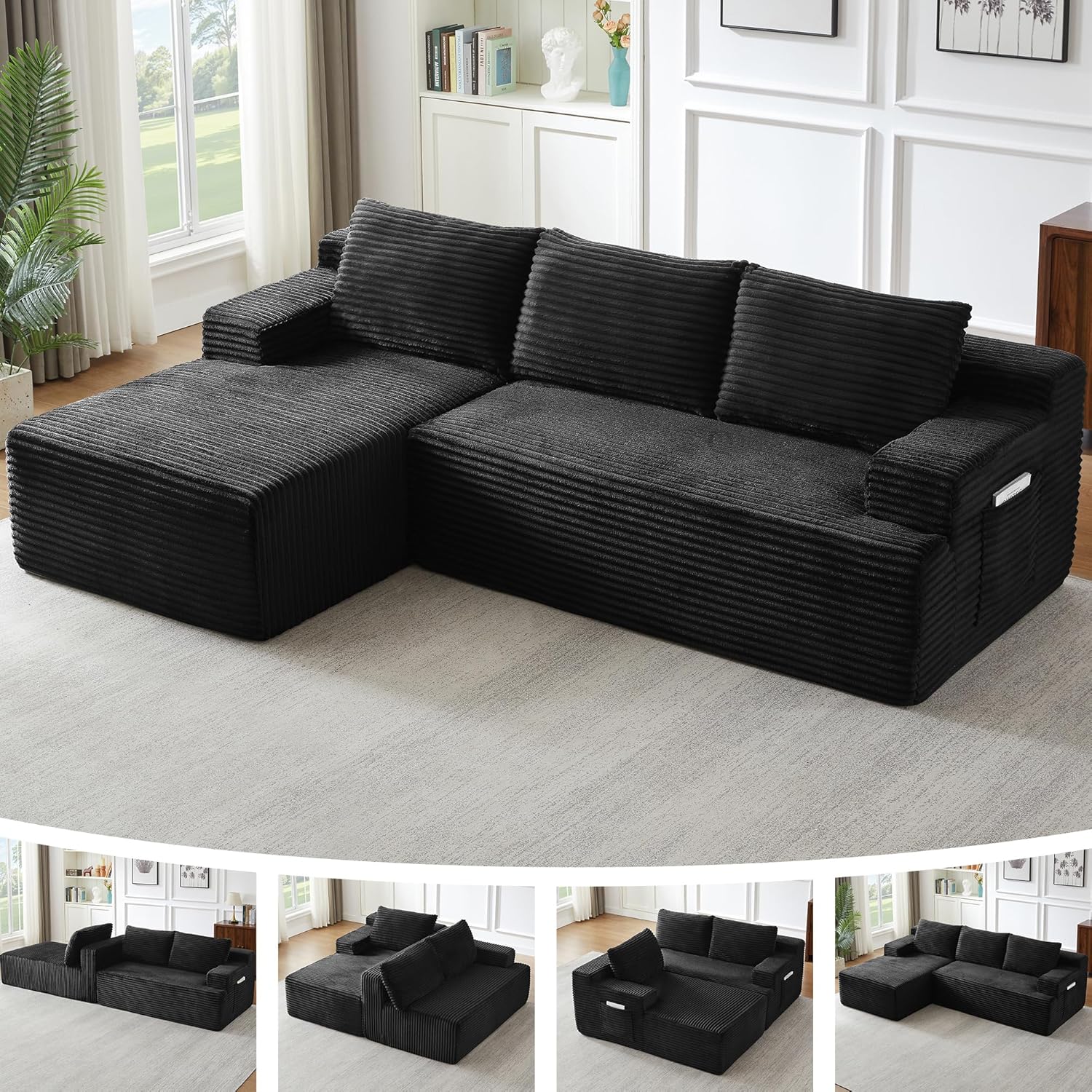 96.1" Cloud Sectional Couch, Modern Modular L Shape Sectional Sofa with Deep Seat Chaise, Comfy Corduroy Boneless Couches for Living Room (Black, Left Chaise)