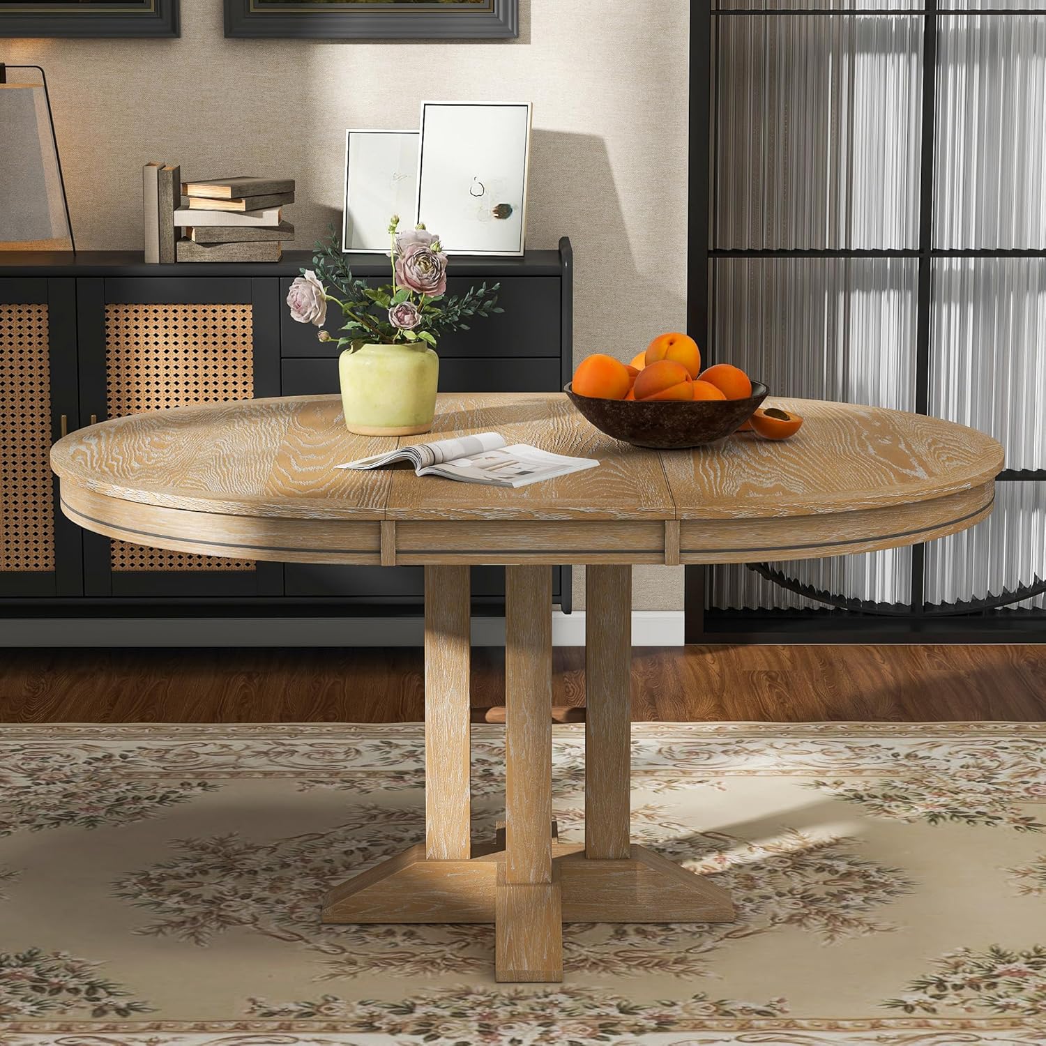 Merax Farmhouse Expandable Round Dining Table, 42 to 56 Inch Vintage Solid Wood Kitchen Table with Removable Oval Leaf, Retro Distressed Finish for Dining Room, Seats 6, Natural