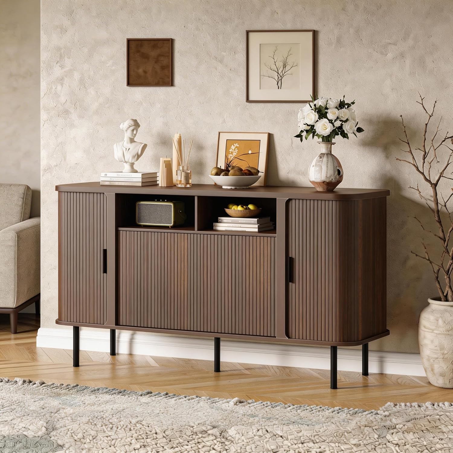 55'' Fluted Cabinet with Storage, Walnut Buffet Cabinet Sideboard with Sliding Door & Adjustable Shelves, Mid Century Coffee Bar, Curved Edge Design Storage Cabinet for Kitchen, Living Room, Entry