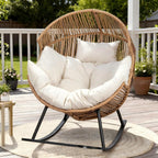 Oversized Outdoor Rocking Chair, Wicker Egg Patio Lounge Chair Basket Seat with Thick Cushion, All Weather Indoor Outdoor Porch Rockers for Balcony, Living Room, Lawn Garden
