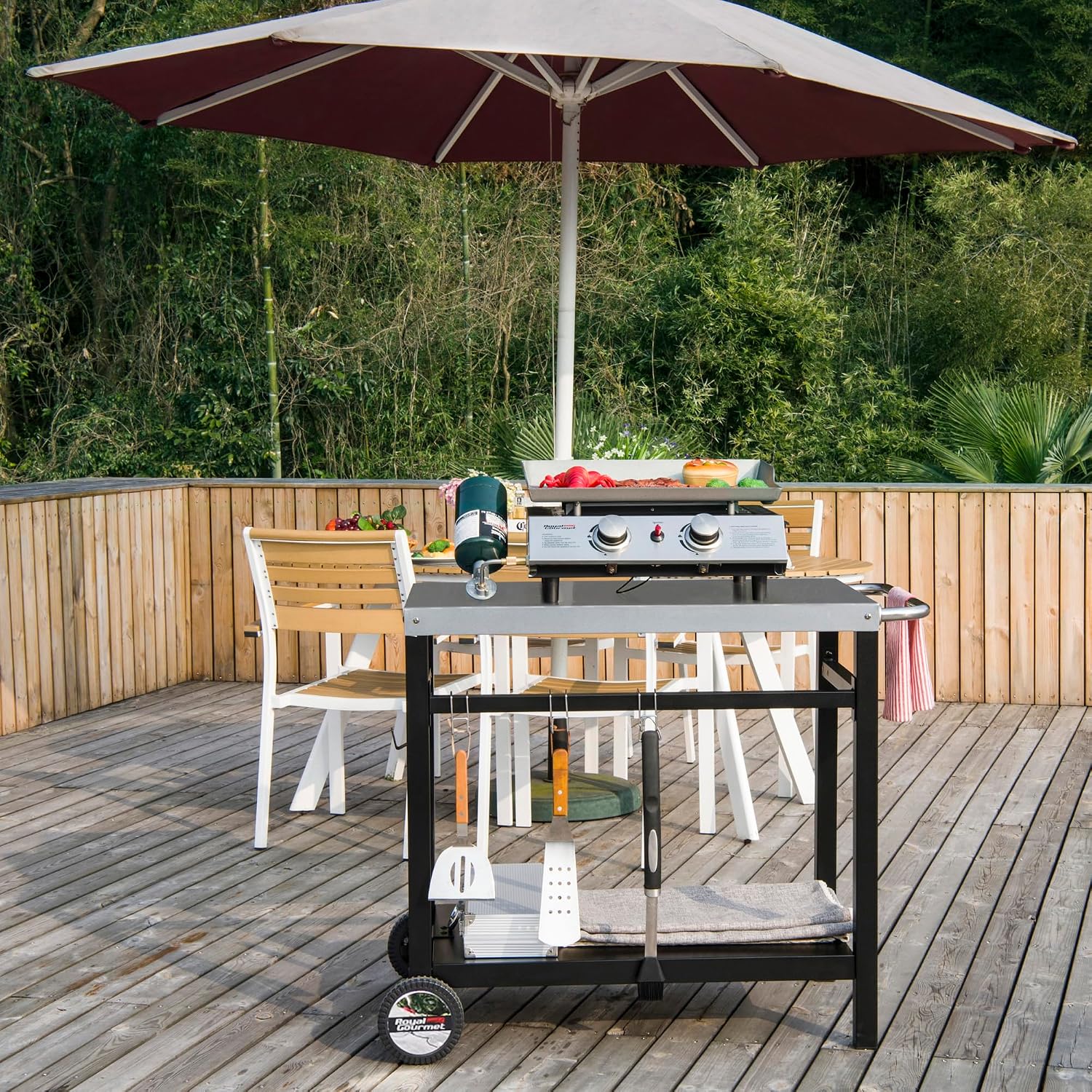Royal Gourmet Dining Cart Table with Double-Shelf, Movable Stainless Steel Flattop Grill Cart, Hooks, Side Handle, Multifunctional PC3401S (Silver)