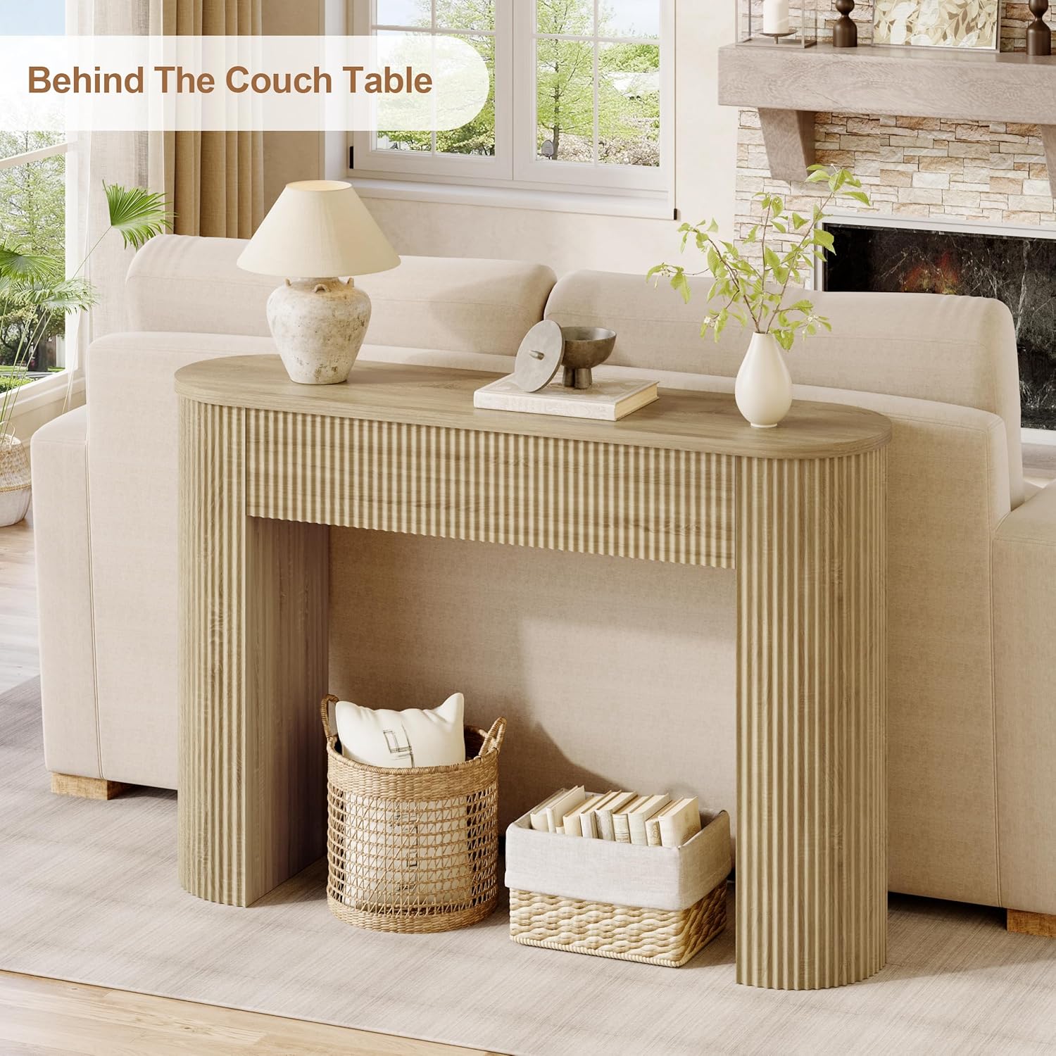 MECHYIN 47" Console Table, Fluted Sofa Table with Sturdy Construction, Small Curved Entryway Table for Entrance, Behind The Couch, Hallway, Living Room, Foyer