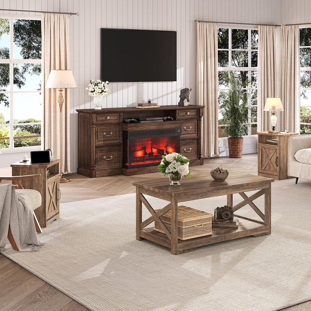 LUXOAK 3-Piece Farmhouse Living Room Table Sets, Includes 1 x Coffee Table, 2 x End Tables with Charging Station & USB Ports, Rustic Coffee Table Set of 3, Barnwood