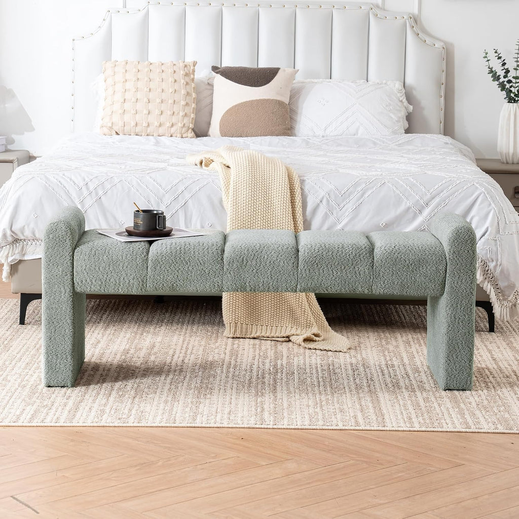Boucle End of Bed Bench Upholstered Modern Bedroom Bench Channel Tufted Window Bench Comfy Long Ottoman for Living Room/Hallway/Indoor (SAGE, 54" Straight Arm)