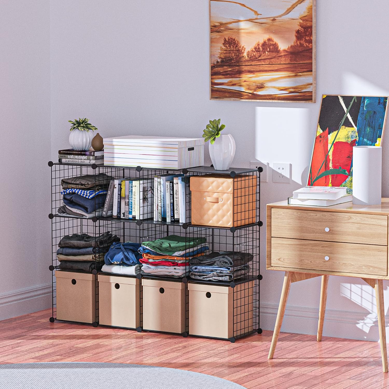 HUBSON Wire Cube Storage Organizer, Book/Toy/Craft/Potted Plants and petCloset Organizers and Storage Shelves, 12-Cube Freely Combinable Metal Grids Storage Shelf,Black Plus Iron