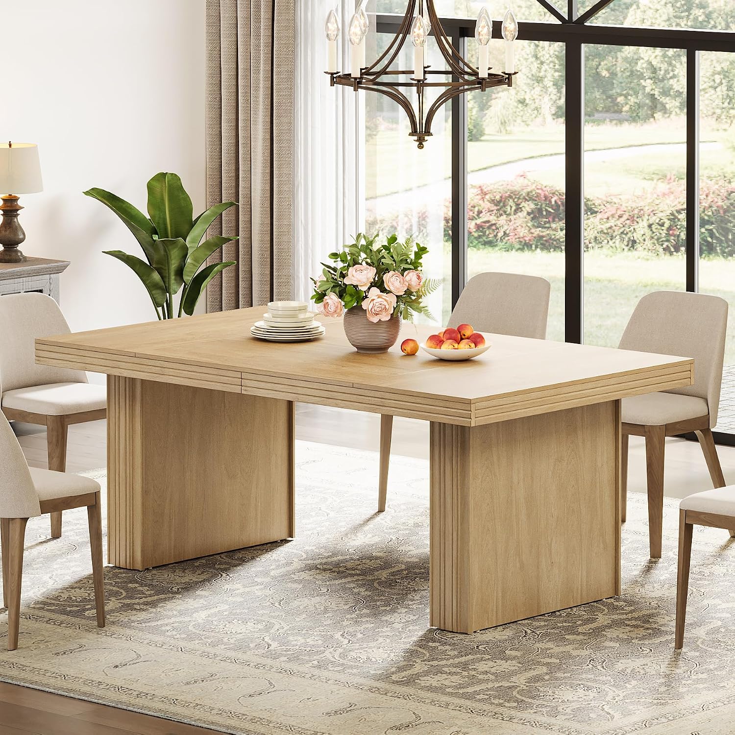 Tribesigns 63 Inches Farmhouse Dining Table for 6, Modern Kitchen Table with Fluted Line for Dining Room, Living Room, Natural