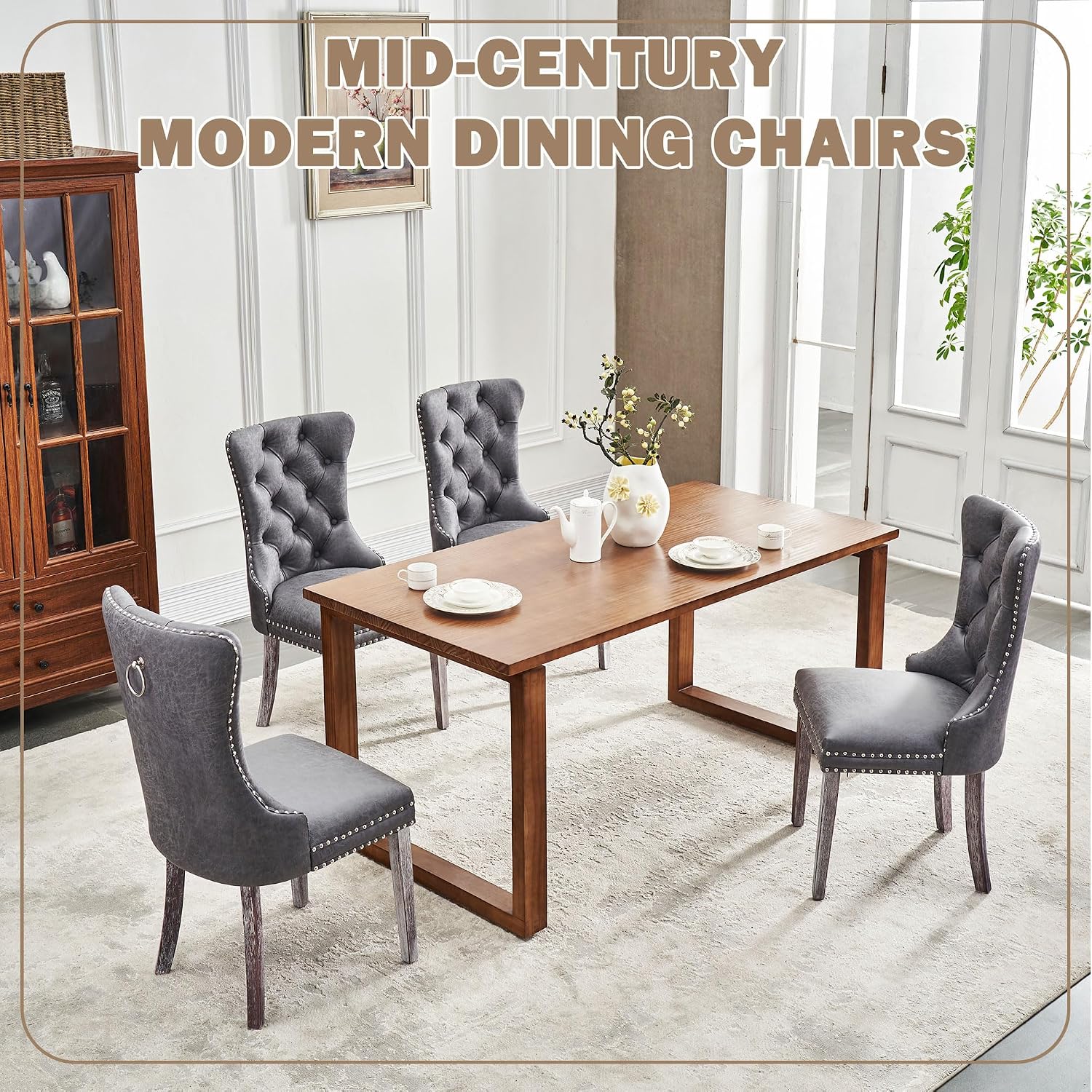 Leather Dining Chairs Set of 4, Mid Century Modern Dining Chairs with Nailhead and Metal Pull Ring, Upholstered Dining Room Chairs for Living Room, Bedroom, Kitchen (Grey)