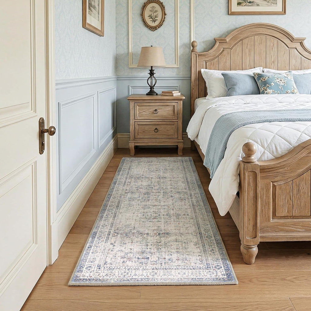 FMFUNCTEX 2x6 Hallway Runner Rug Blue Neutral Vintage Washable Distressed Non Slip Low Pile Oriental Indoor Carpet Soft Retro Entryway Rug for Kitchen Laundry Entrance Entry Living Room Bedroom