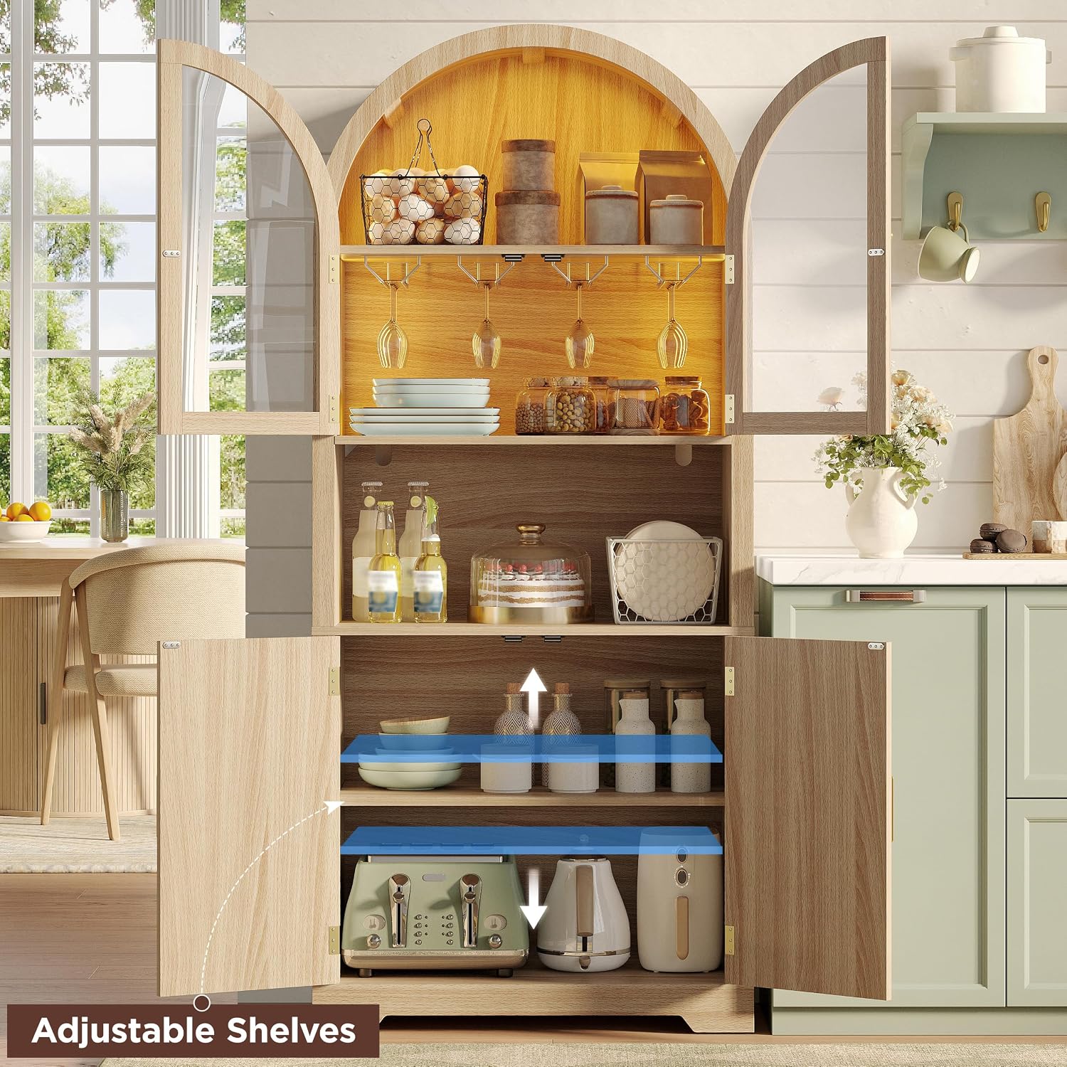 Maupvit 70" Tall Arched Wine Bar Cabinet with LED Light, Fluted Coffee Bar Cabinets with Stemware Rack, Kitchen Pantry Cupboard with Glass Doors, Liquor Cabinet for Home, Dining Room (Nature)