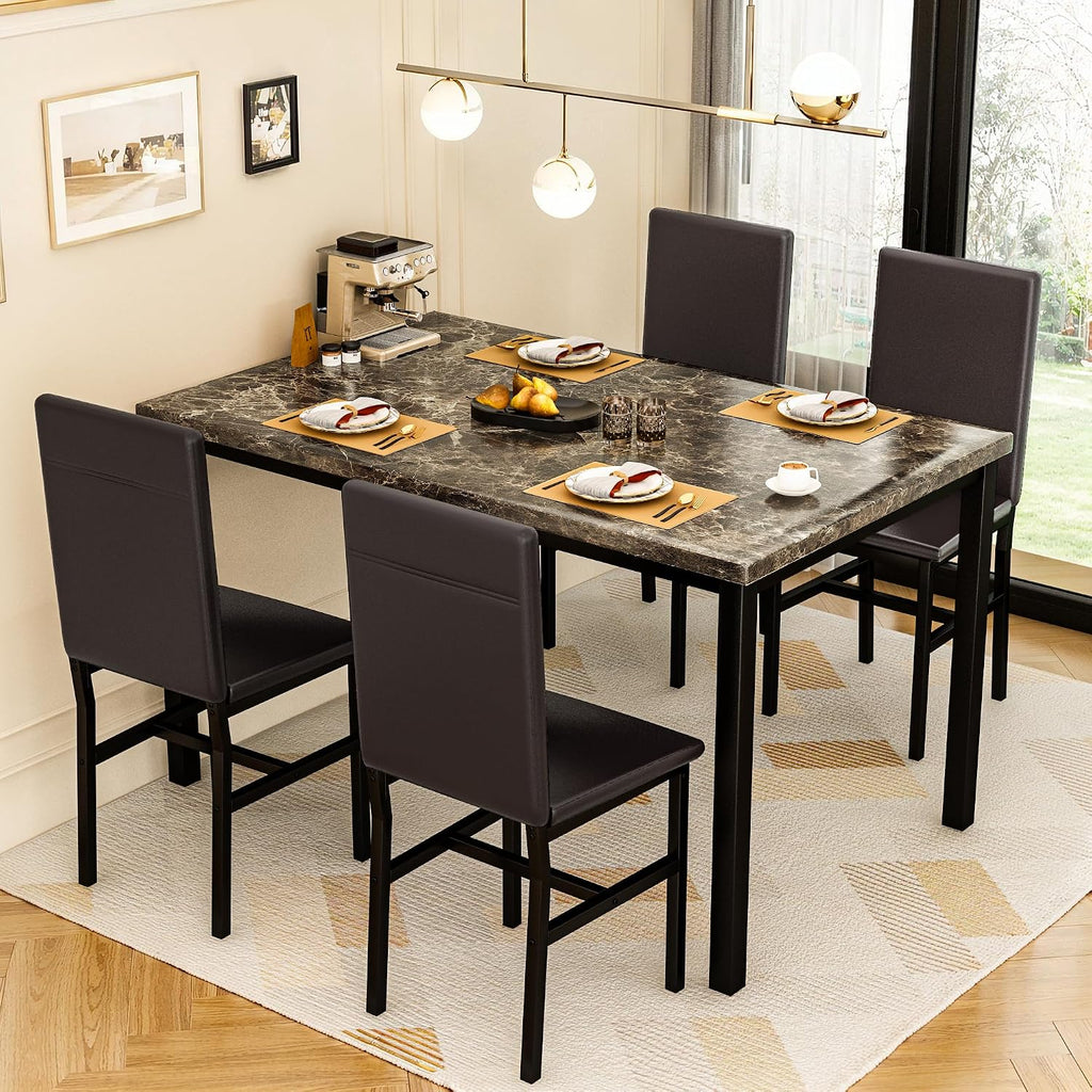 Lamerge Dining Table Set for 4, Faux Marble Table and 4 PU Leather Chairs, Kitchen Table and Chairs for 4, Modern Dining Room Table Sets for Small Spaces, Living Room, Breakfast Nook, (Coffee Color)