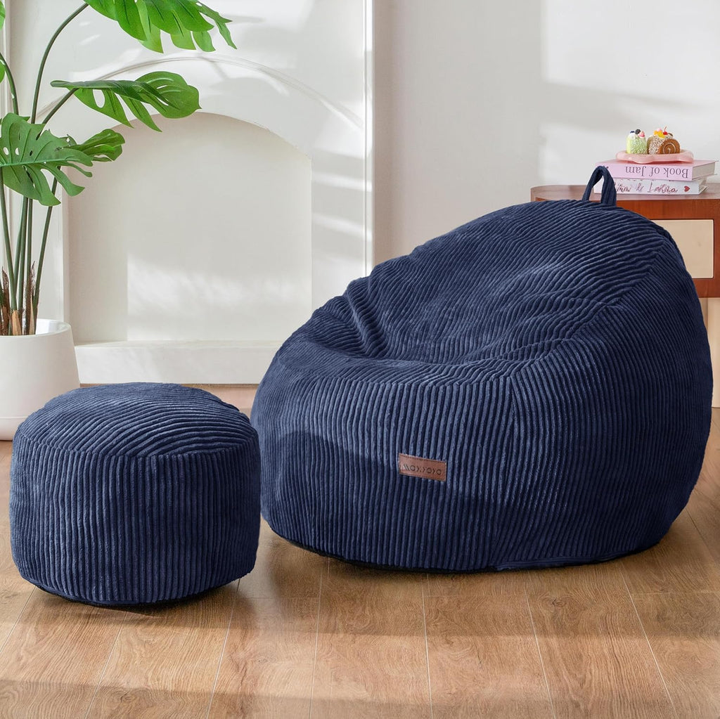 MAXYOYO Kids Bean Bag Chair with Ottoman, Soft Plush Bean Bag Sofa with Removable Cover for Boys and Girls, Convenient Floor Seat with Handle, Comfy Toddler Lounge Chair for Playroom, Bedroom, Navy