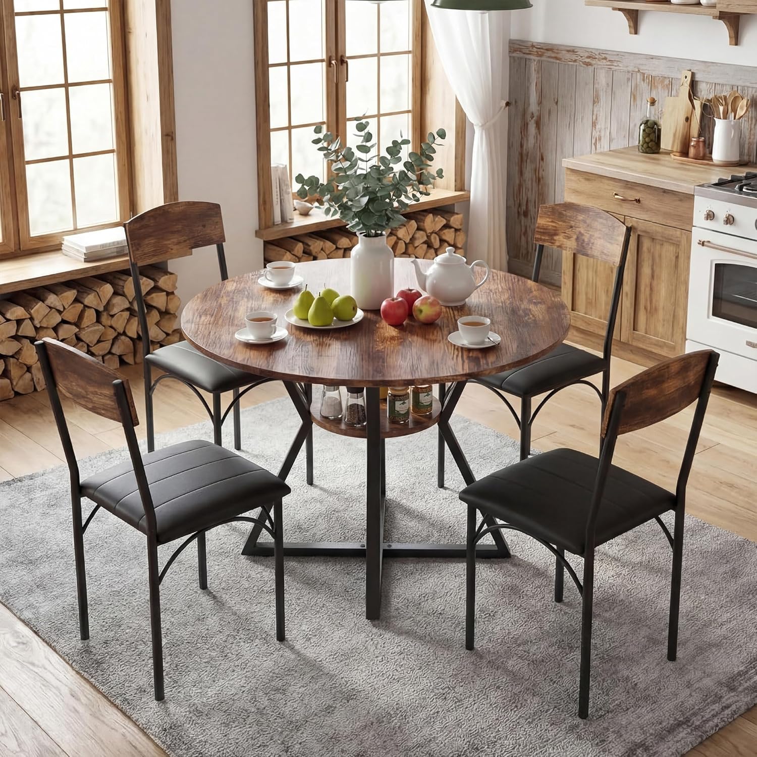 42'' Round Dining Table Set for 4, Space Saving Wood Kitchen Table and Chairs Set for 4 with Faux Leather Chairs, Extra Storage, Vintage Brown