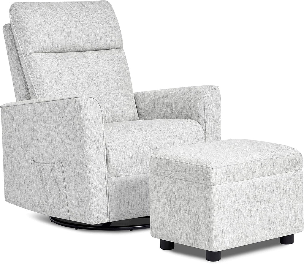 Evolur Aria Upholstered Plush Seating Glider Swivel with Ottoman in Fog Grey, Greenguard Gold Certified Modern Nursery Chair with Side Pockets, Tool-Free Assembly, Easy to Clean