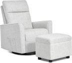 Evolur Aria Upholstered Plush Seating Glider Swivel with Ottoman in Fog Grey, Greenguard Gold Certified Modern Nursery Chair with Side Pockets, Tool-Free Assembly, Easy to Clean