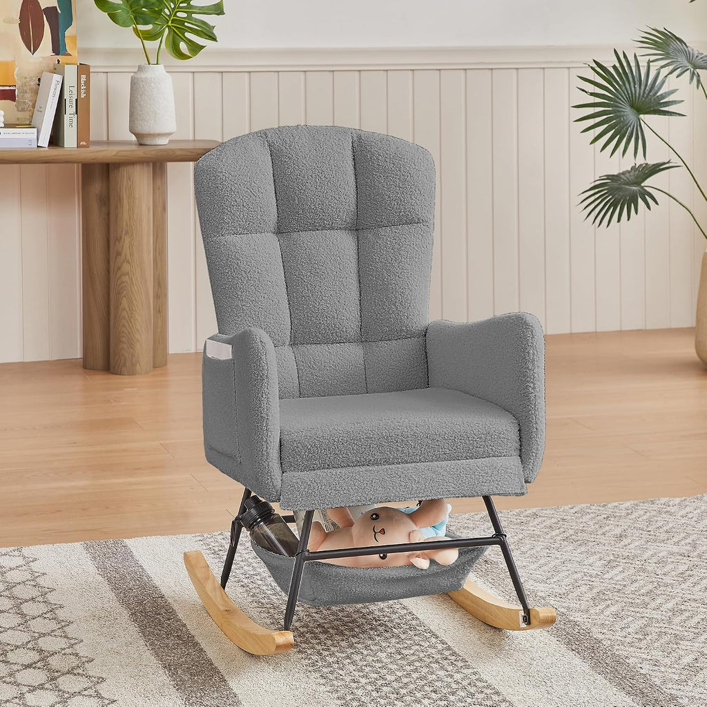 Grey Teddy Rocking Chair Outdoor Adulto Bedroom Nursery Indoor Wooden,A3 | Soft teddy fabric surface, high backrest, well-placed armrests, easy assembly with detailed instructions