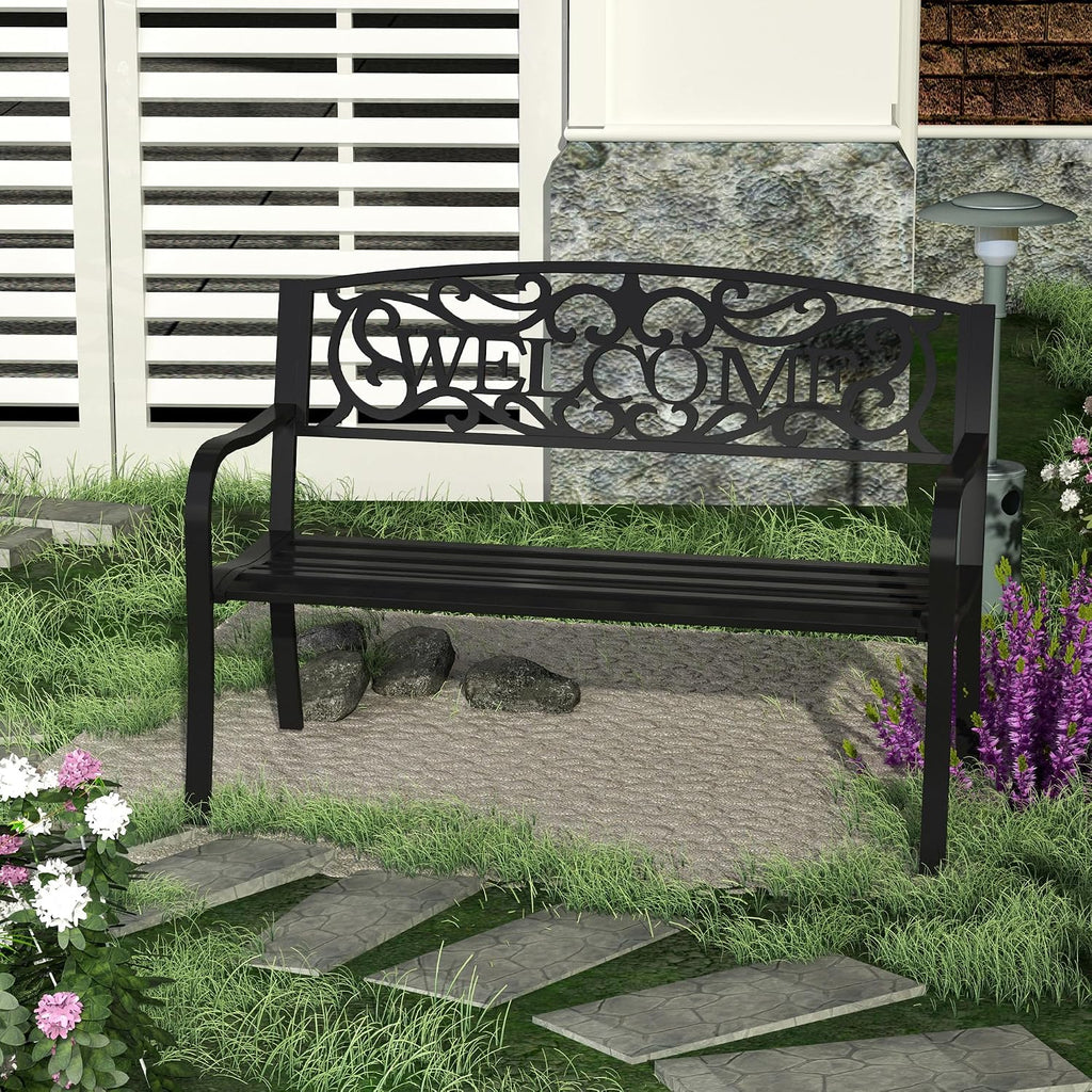 Garden Bench, 50 Inch 2-Person Outdoor Patio Loveseat with Cast Iron Welcome Vines, Decorative Park Bench for Backyard Porch Entryway Lawn Garden