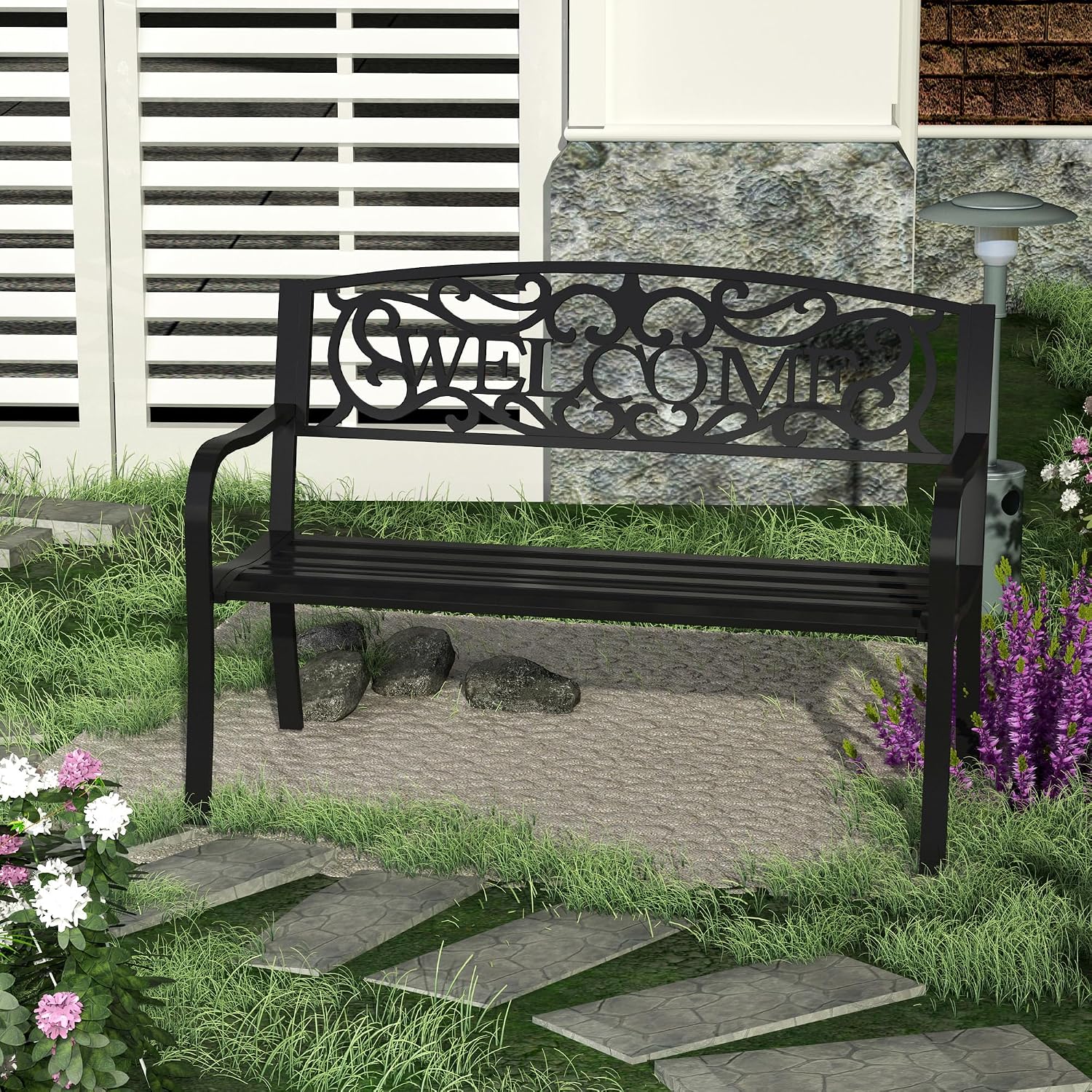 Garden Bench, 50 Inch 2-Person Outdoor Patio Loveseat with Cast Iron Welcome Vines, Decorative Park Bench for Backyard Porch Entryway Lawn Garden
