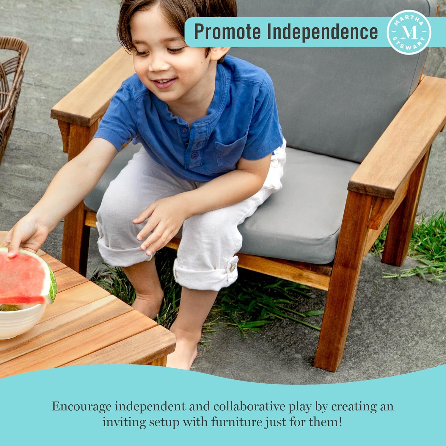 Martha Stewart Kids Outdoor Chair: Natural Acacia Wood Chair for Kids w/Gray Polyester Cushions, 10" Seat Height | Montessori Furniture for Backyard, Patio, and Outdoor Play & Learning Environments