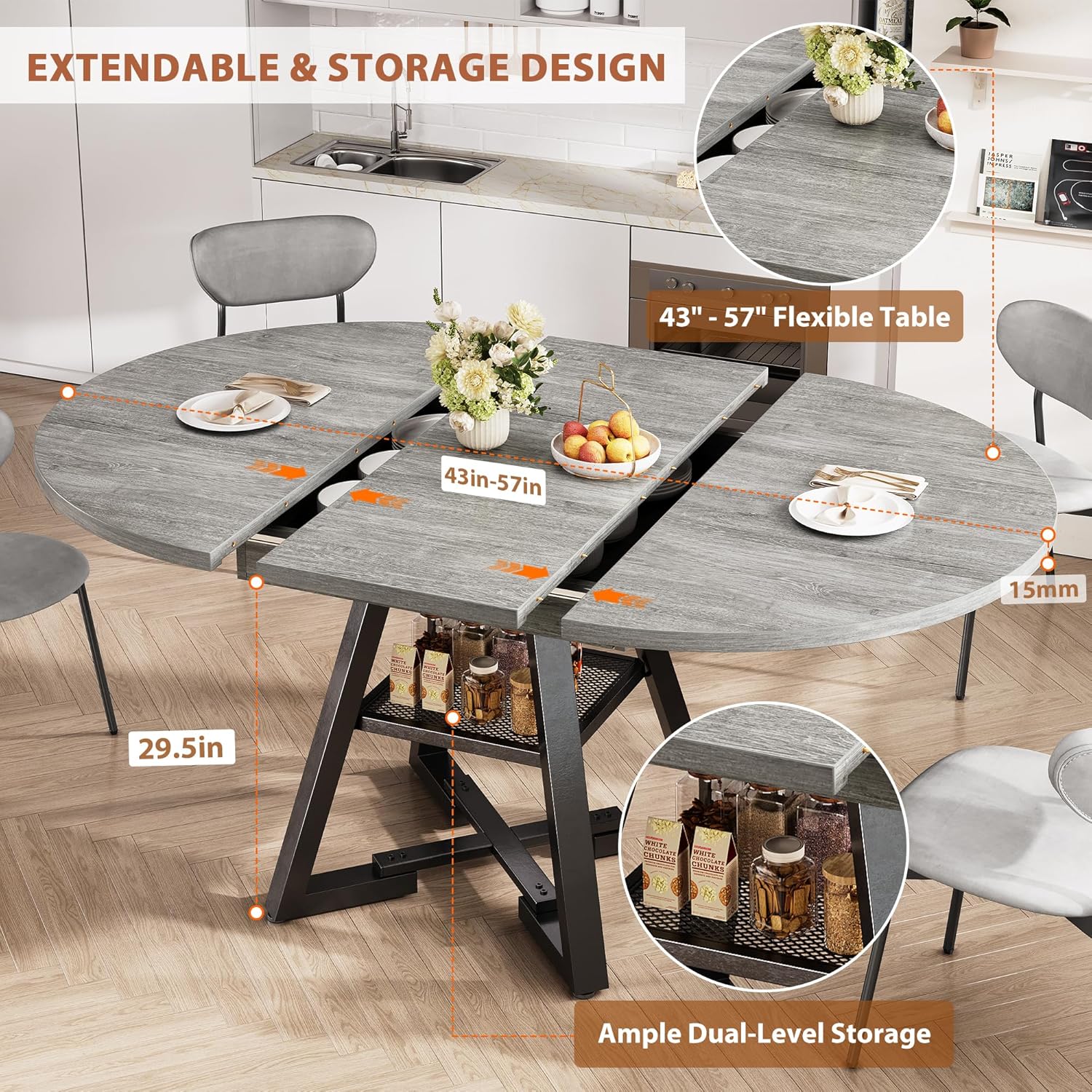 Expandable Kitchen Dining Table for 4-6, Oval Round Dining Table with Storage Shelf and Removable Extension Leaf, Space Saving Pedestal Table for Dining Room, Modern Industrial Style (Grey)