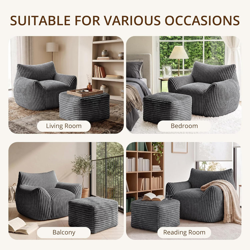 Giant Bean Bag Chair for Adults, Large Bean Bag with Ottoman | Cloud Comfy Bean Bag with Backrest & Armrests, Stuffed Beanbag Chair for Reading, Gaming, Napping, Gray