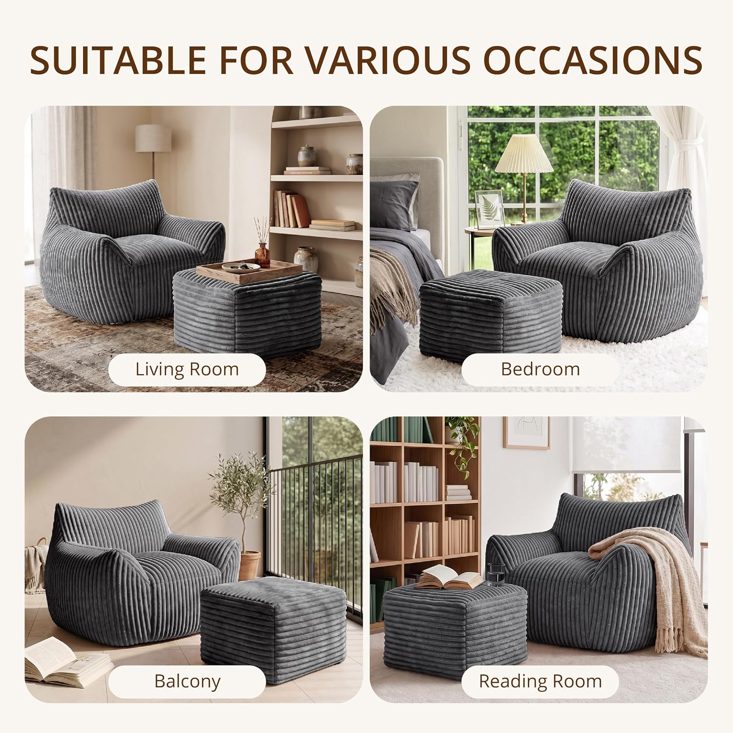 Giant Bean Bag Chair for Adults, Large Bean Bag with Ottoman | Cloud Comfy Bean Bag with Backrest & Armrests, Stuffed Beanbag Chair for Reading, Gaming, Napping, Gray