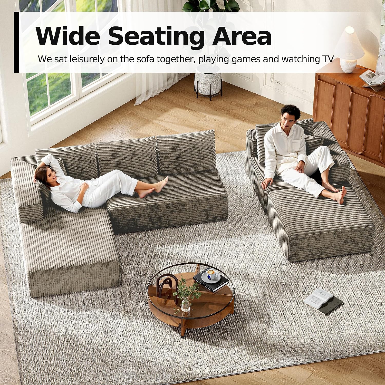 MoonSpeak 133" Sectional Boneless Couch for Living Room,Modern Modular Cloud Couch with Deep Seat,Upholstered Sleeper Sofa with 1 Ottoman,Convertible Folding Couches,No Assembly (Khaki)