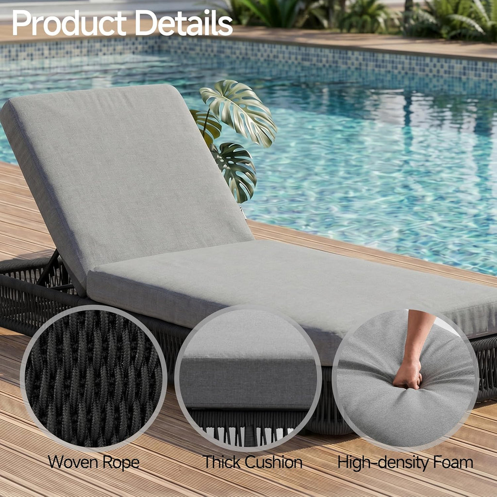 Outdoor Chaise Lounge Chair, Black Woven Rope Patio Recliner with 5-Position Adjustable Backrest, Pool Sunbathing Lounge Chair with Gray Removable Cushions for Poolside, Beach