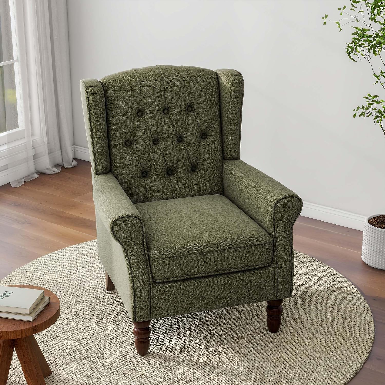 Accent Chair, Upholstered Armchair with Button Tufted High Back & Solid Wood Legs, Comfy Wingback Reading Single Sofa Chair for Small Spaces, Living Room, Bedroom