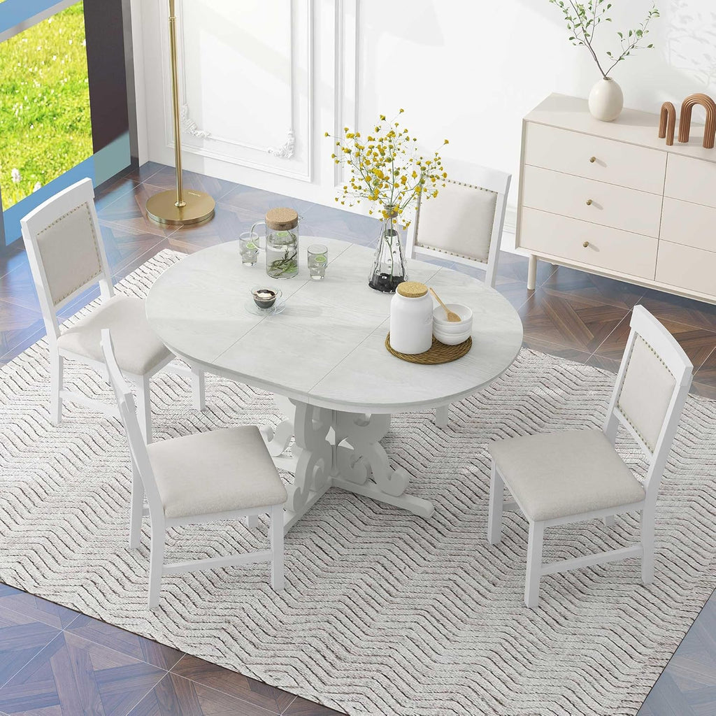 Merax Extendable Round Dining Table Set for 4-6, Farmhouse Kitchen Table Set with 4 Upholstered Chairs and Removable Leaf for Kitchen, Dining Room, Small Space, Antique White