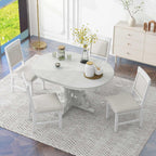 Merax Extendable Round Dining Table Set for 4-6, Farmhouse Kitchen Table Set with 4 Upholstered Chairs and Removable Leaf for Kitchen, Dining Room, Small Space, Antique White