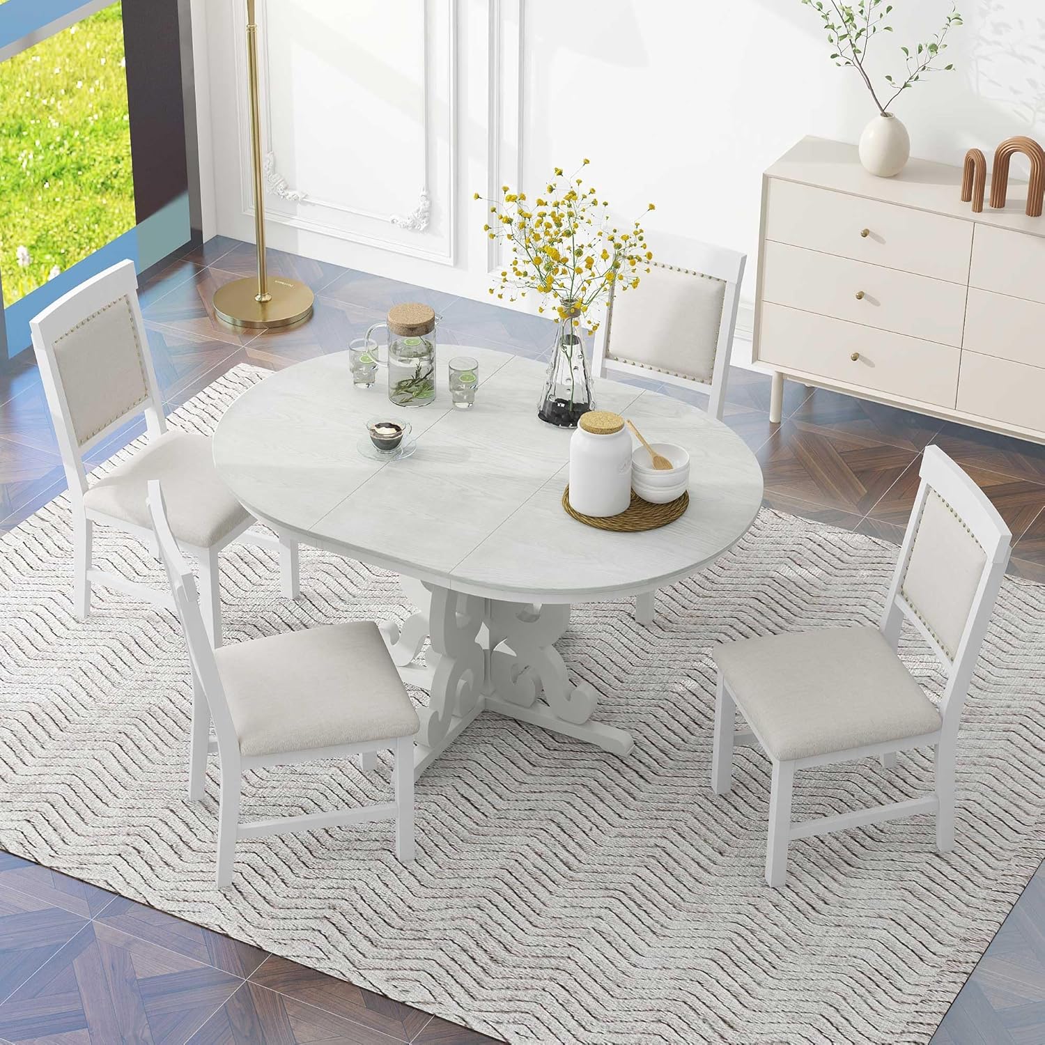 Merax Extendable Round Dining Table Set for 4-6, Farmhouse Kitchen Table Set with 4 Upholstered Chairs and Removable Leaf for Kitchen, Dining Room, Small Space, Antique White