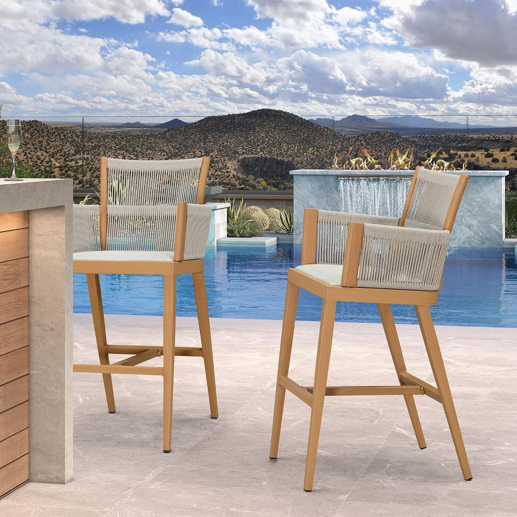 PURPLE LEAF Outdoor Bar Height Stools Set of 2 Modern Bar Chairs with High Back and High Armrests Outdoor Aluminum Woven Rattan Barstools for Kitchcen Island Garden Indoor Teak