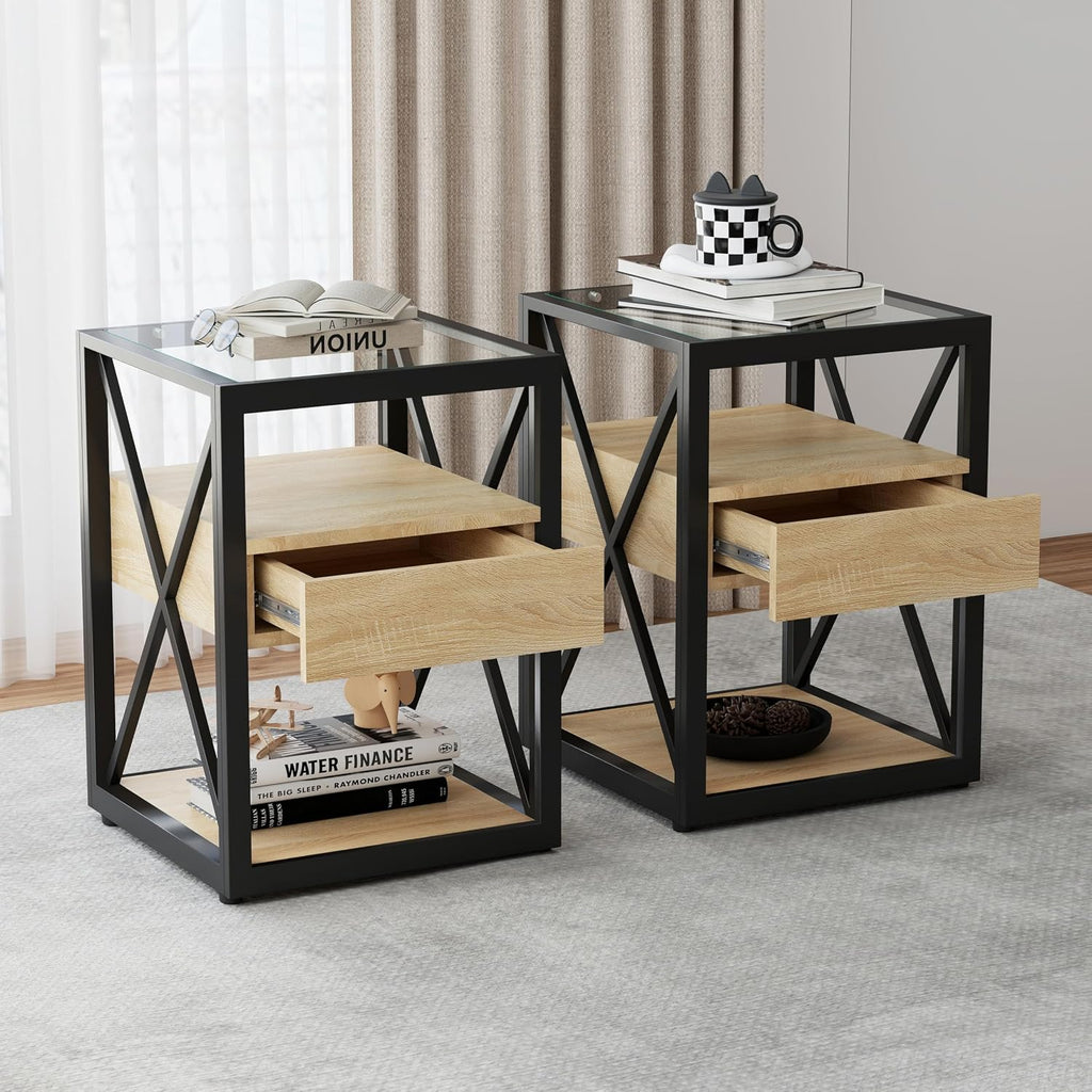 Set of 2 Modern Industrial End Tables with Drawer - Nightstands with Tempered Glass Top, Natural Wood MDF & Black Metal X-Frame Side Tables for Bedroom & Living Room, 3-Tier Storage
