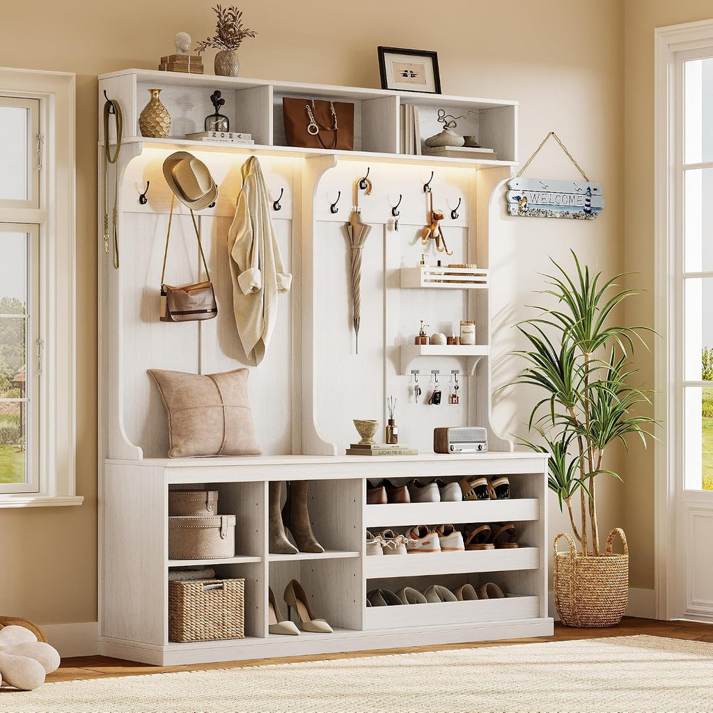 iPormis 70“ Large Hall Tree with Bench and Adjustable Shoe Storage, 6-in-1 Farmhouse Entryway Bench w/Coat Rack, Top Storage, Small Shelves for Entryway, Living Room, Led Lights, White